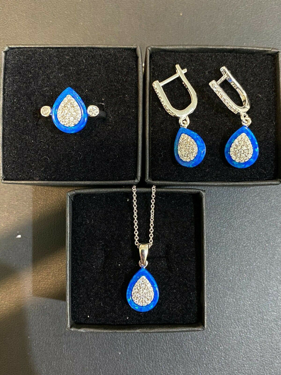 HarlemBling 925 Silver Teardrop Diamond Blue Opal Ring Necklace and Earrings Ladies Girls Set
