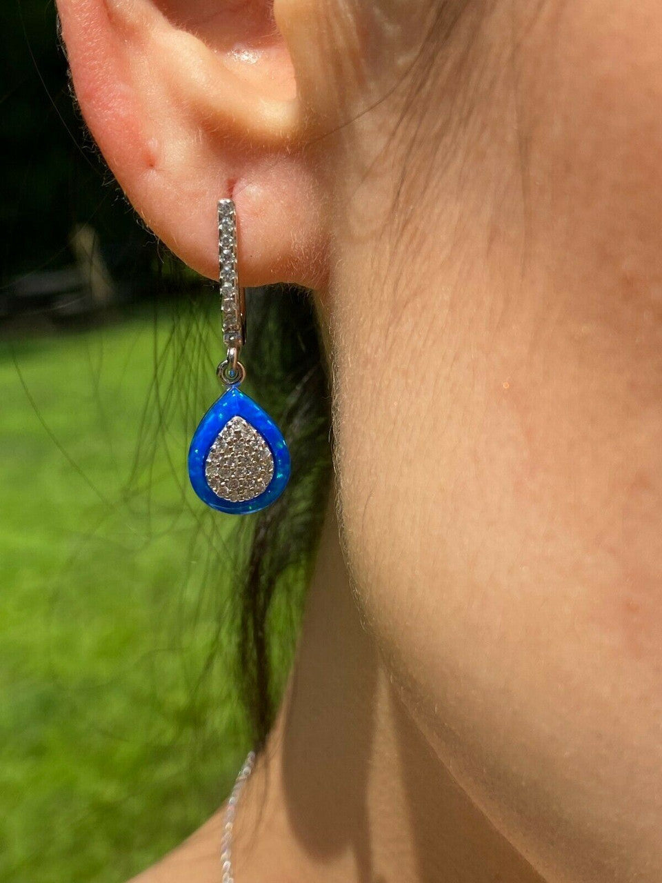 HarlemBling 925 Silver Teardrop Diamond Blue Opal Ring Necklace and Earrings Ladies Girls Set