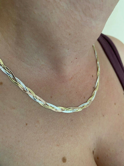 HarlemBling 925 Silver Tri Color Yellow Rose Gold Twisted Braided Herringbone Chain Necklace
