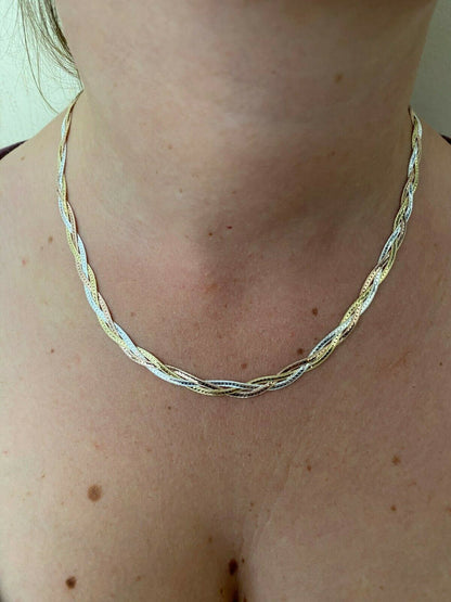 HarlemBling 925 Silver Tri Color Yellow Rose Gold Twisted Braided Herringbone Chain Necklace
