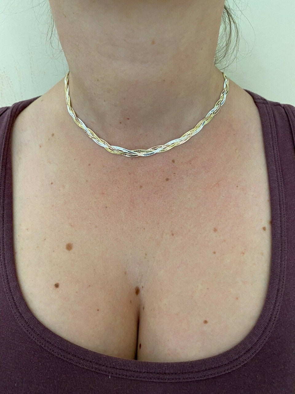 HarlemBling 925 Silver Tri Color Yellow Rose Gold Twisted Braided Herringbone Chain Necklace