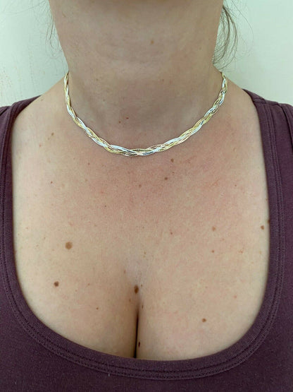 HarlemBling 925 Silver Tri Color Yellow Rose Gold Twisted Braided Herringbone Chain Necklace