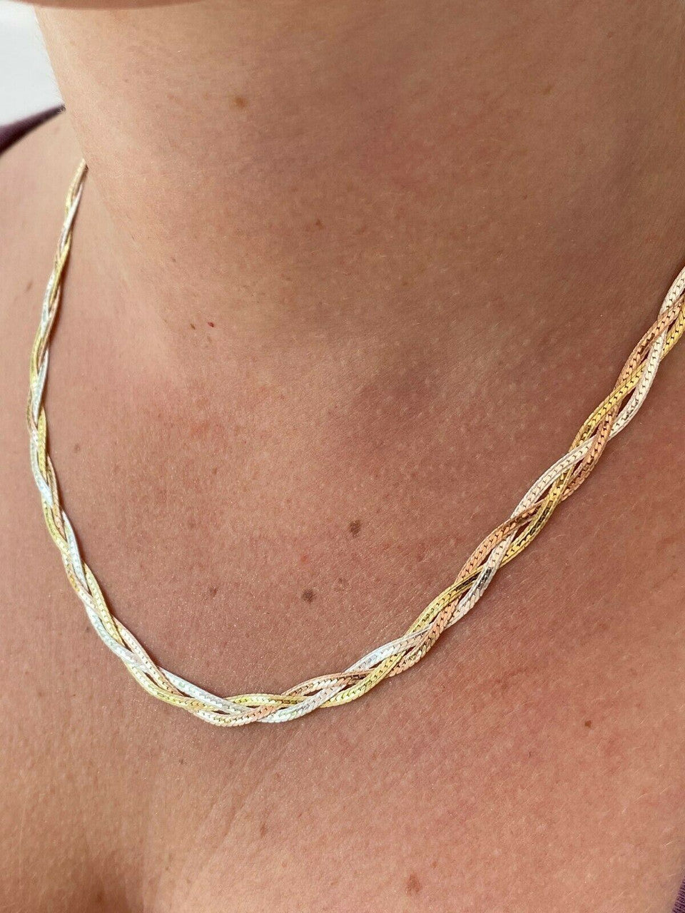 HarlemBling 925 Silver Tri Color Yellow Rose Gold Twisted Braided Herringbone Chain Necklace
