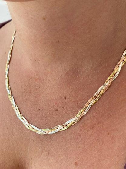 HarlemBling 925 Silver Tri Color Yellow Rose Gold Twisted Braided Herringbone Chain Necklace