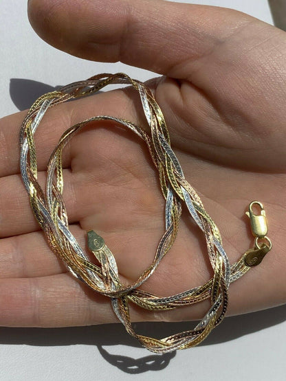 HarlemBling 925 Silver Tri Color Yellow Rose Gold Twisted Braided Herringbone Chain Necklace