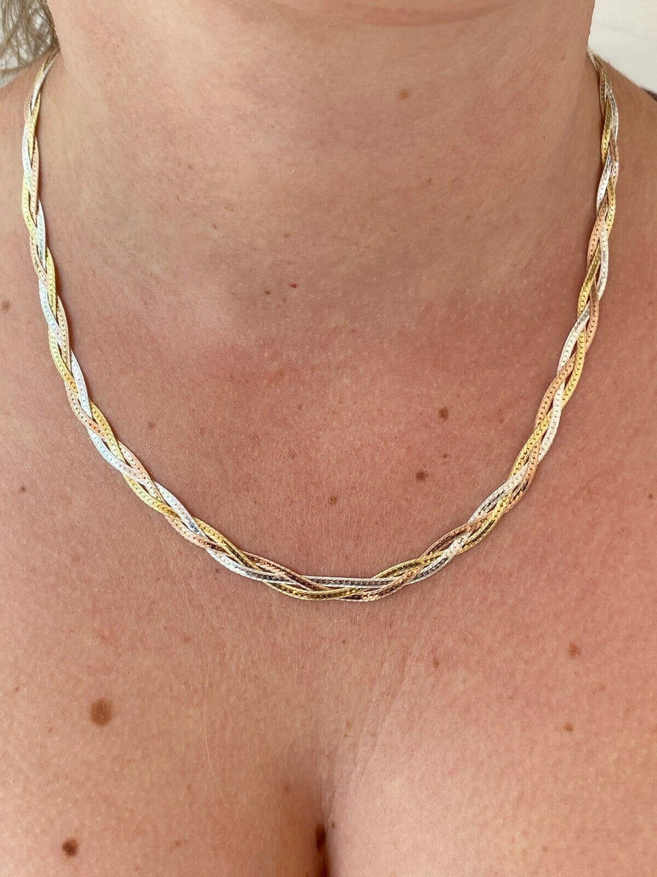 HarlemBling 925 Silver Tri Color Yellow Rose Gold Twisted Braided Herringbone Chain Necklace