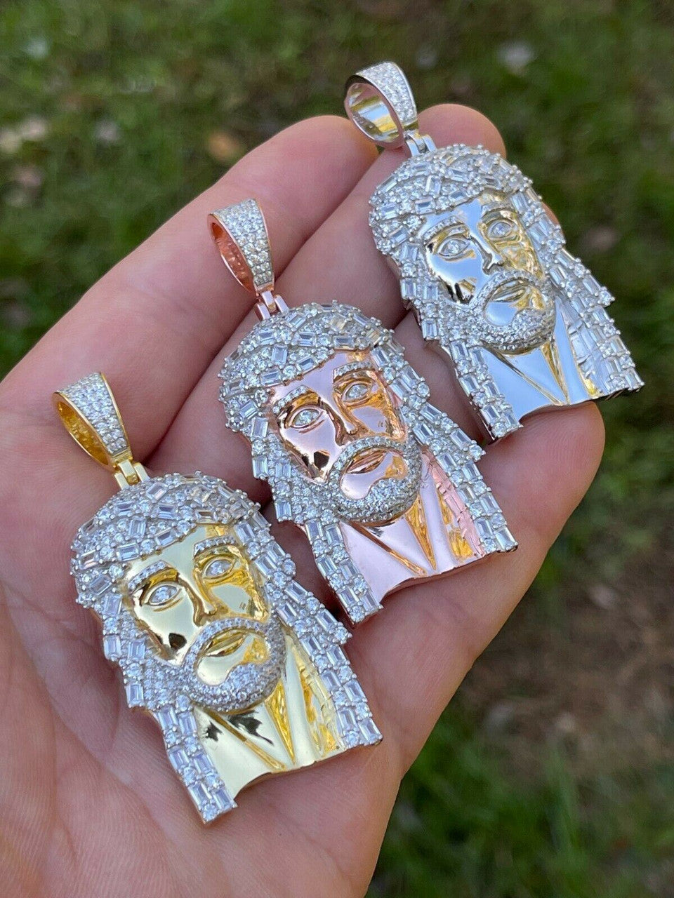 HarlemBling 925 Silver / Yellow Rose Gold Jesus Piece Iced Hip Hop Necklace Baguette Diamond