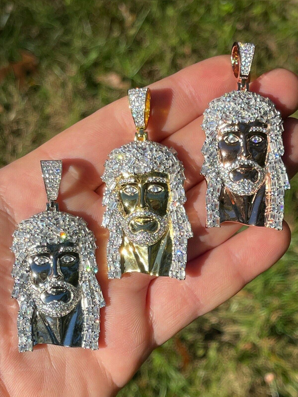 HarlemBling 925 Silver / Yellow Rose Gold Jesus Piece Iced Hip Hop Necklace Baguette Diamond