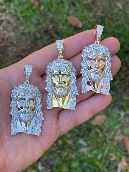 HarlemBling 925 Silver / Yellow Rose Gold Jesus Piece Iced Hip Hop Necklace Baguette Diamond
