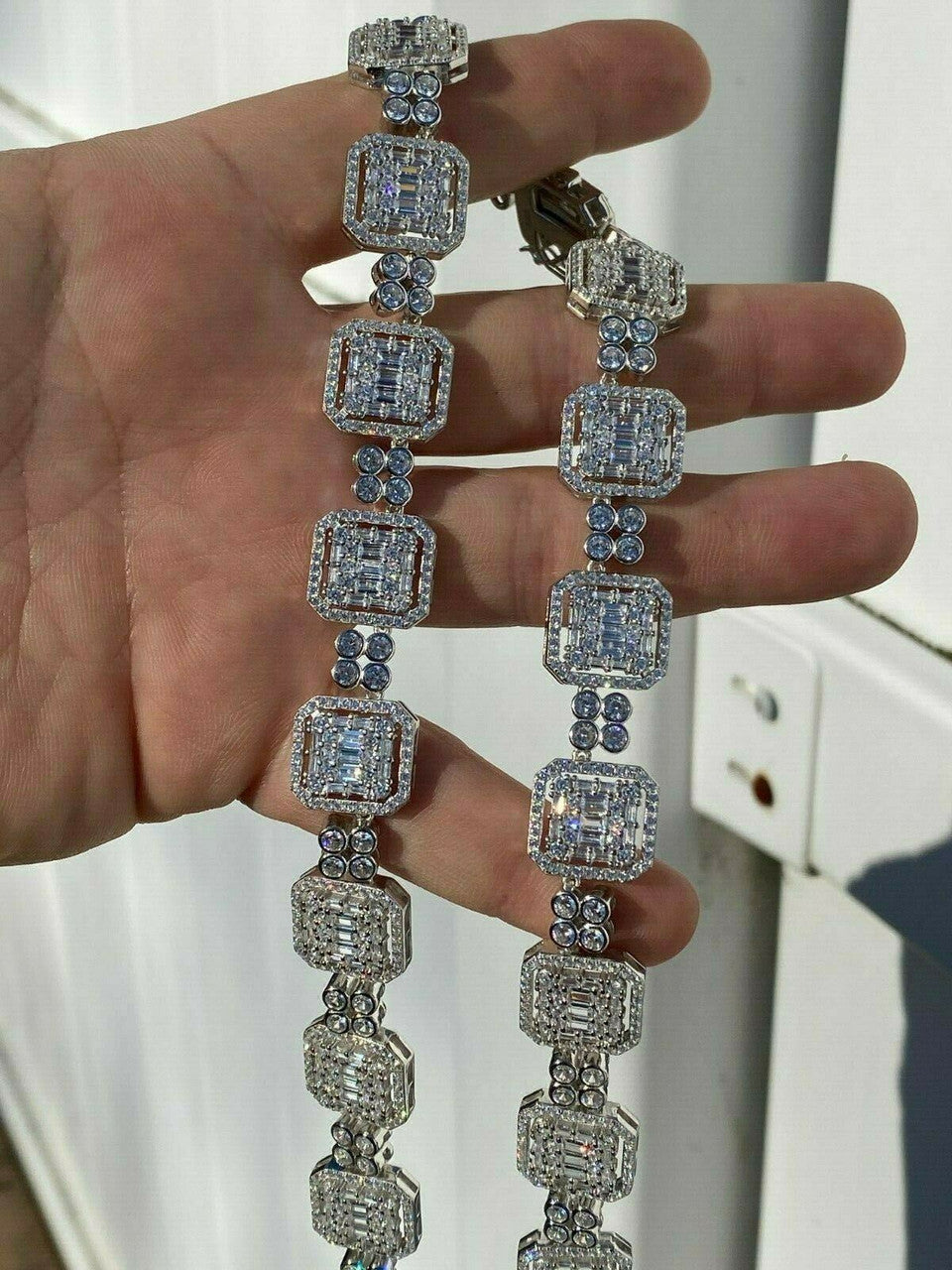 HarlemBling 925 Sterling Silver Baguette Link Chain Iced 16mm Mens Diamond Necklace Choker