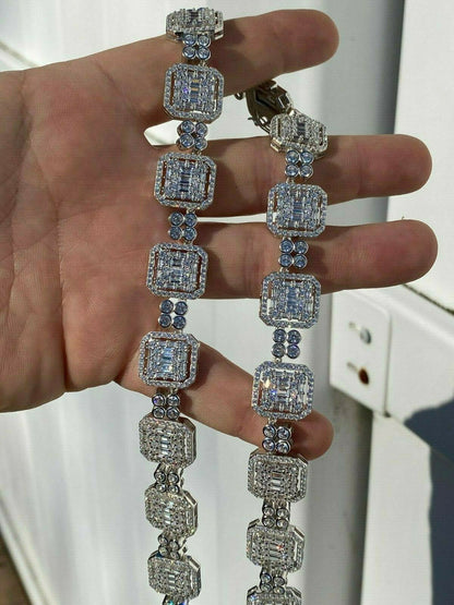 HarlemBling 925 Sterling Silver Baguette Link Chain Iced 16mm Mens Diamond Necklace Choker