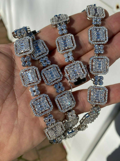 HarlemBling 925 Sterling Silver Baguette Link Chain Iced 16mm Mens Diamond Necklace Choker