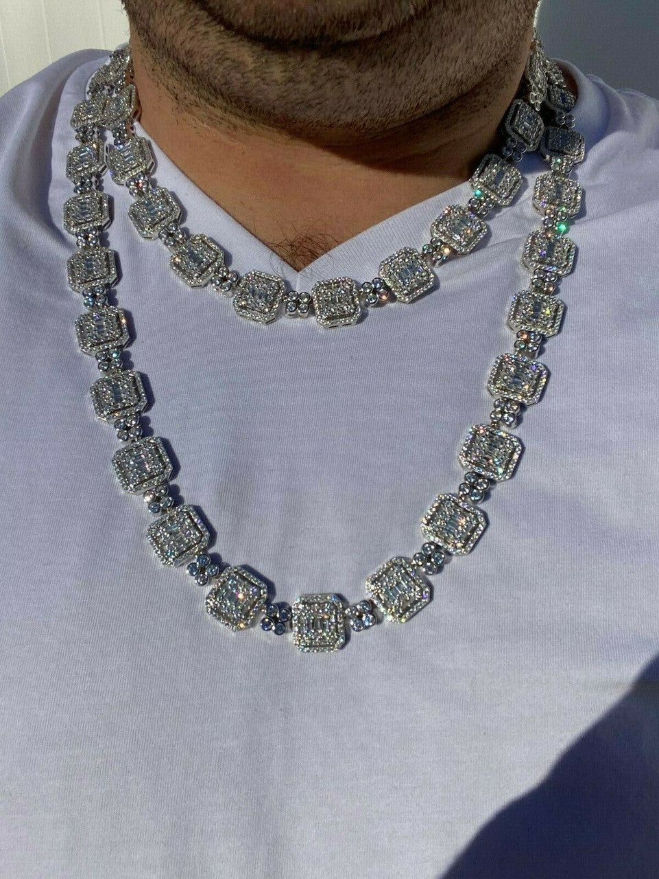 HarlemBling 925 Sterling Silver Baguette Link Chain Iced 16mm Mens Diamond Necklace Choker