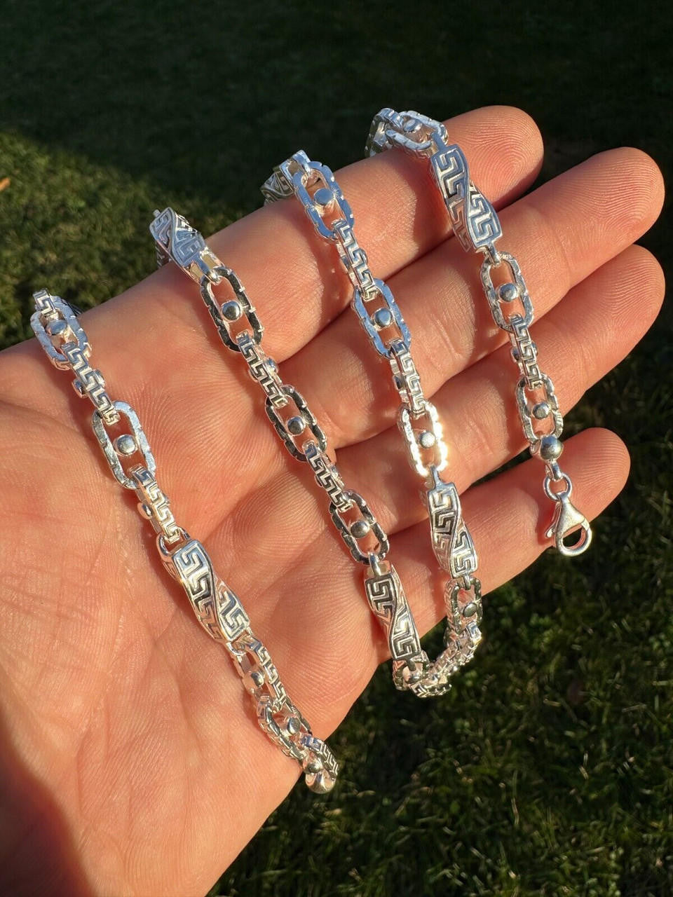 HarlemBling 925 Sterling Silver Custom Greek Key Hermes Rolo Link Chain Necklace Bracelet