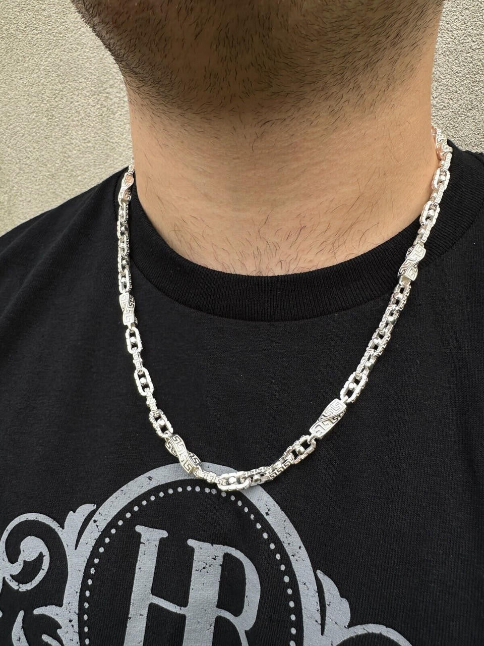 925 Sterling Silver Custom Greek Key Anchor Rolo Link Chain