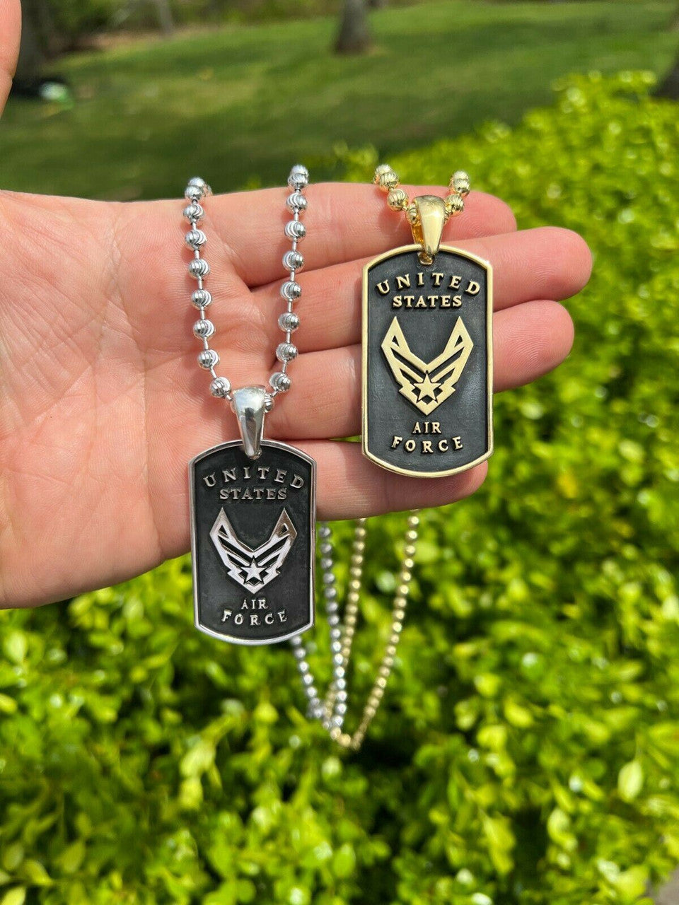 HarlemBling 925 Sterling Silver / Gold US Air Force Military Pilot Dog Tag Pendant Necklace