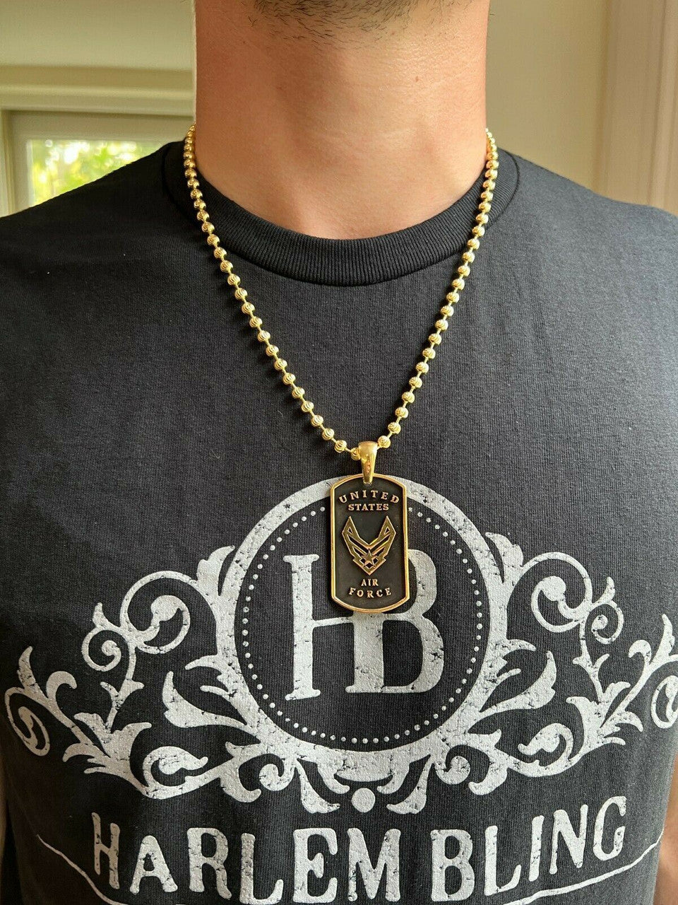 HarlemBling 925 Sterling Silver / Gold US Air Force Military Pilot Dog Tag Pendant Necklace