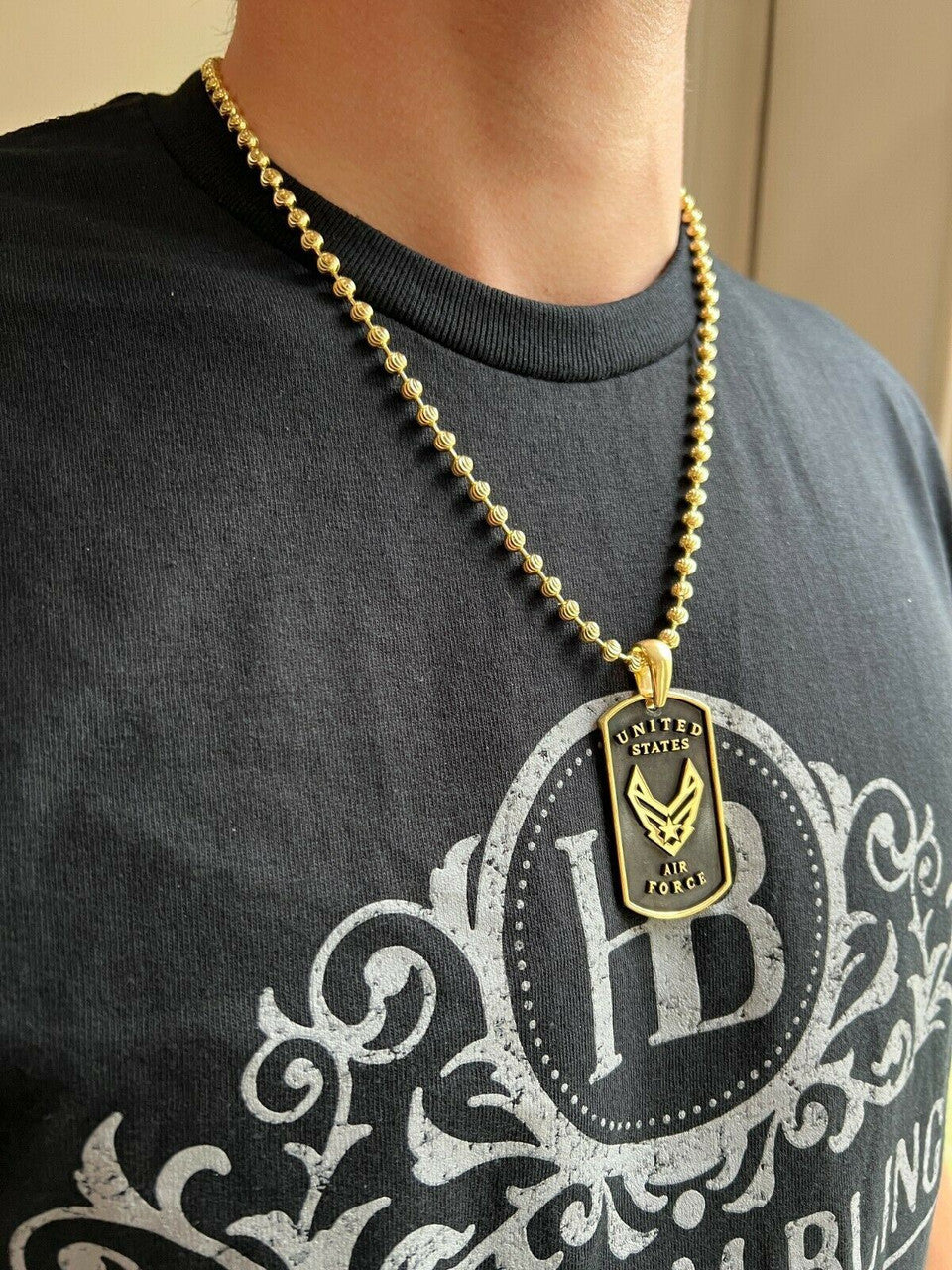 HarlemBling 925 Sterling Silver / Gold US Air Force Military Pilot Dog Tag Pendant Necklace