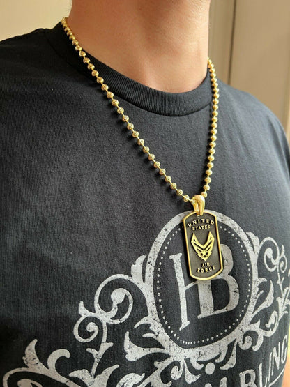 HarlemBling 925 Sterling Silver / Gold US Air Force Military Pilot Dog Tag Pendant Necklace