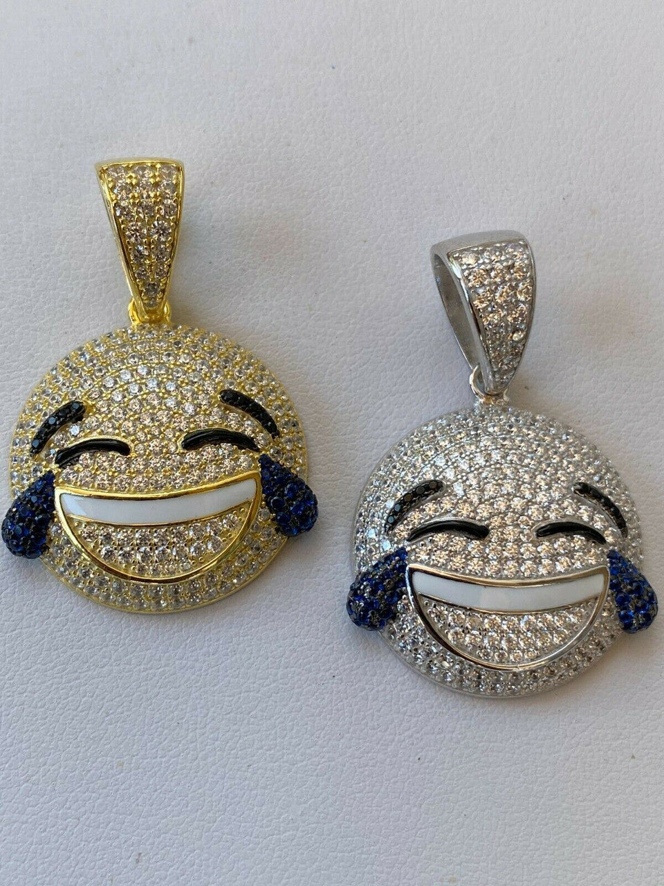HarlemBling 925 Sterling Silver Hip Hop LOL Emoji Pendant Necklace Iced Smiley Laughing