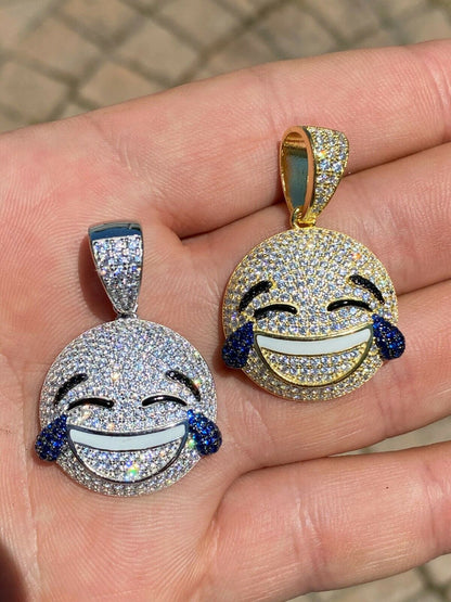 HarlemBling 925 Sterling Silver Hip Hop LOL Emoji Pendant Necklace Iced Smiley Laughing