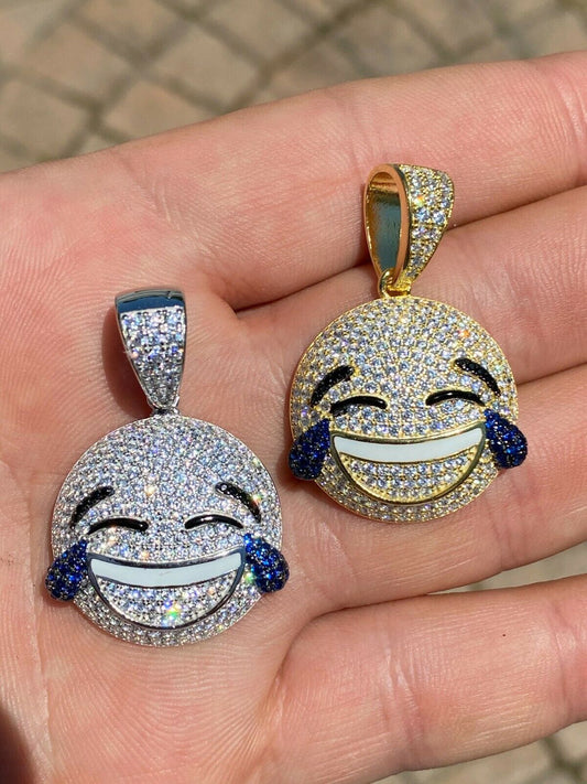 HarlemBling 925 Sterling Silver Hip Hop LOL Emoji Pendant Necklace Iced Smiley Laughing
