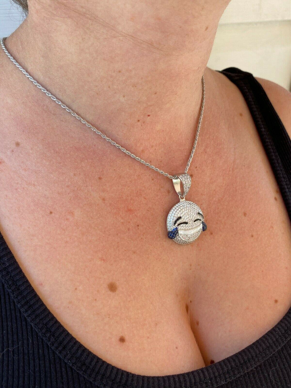 HarlemBling 925 Sterling Silver Hip Hop LOL Emoji Pendant Necklace Iced Smiley Laughing