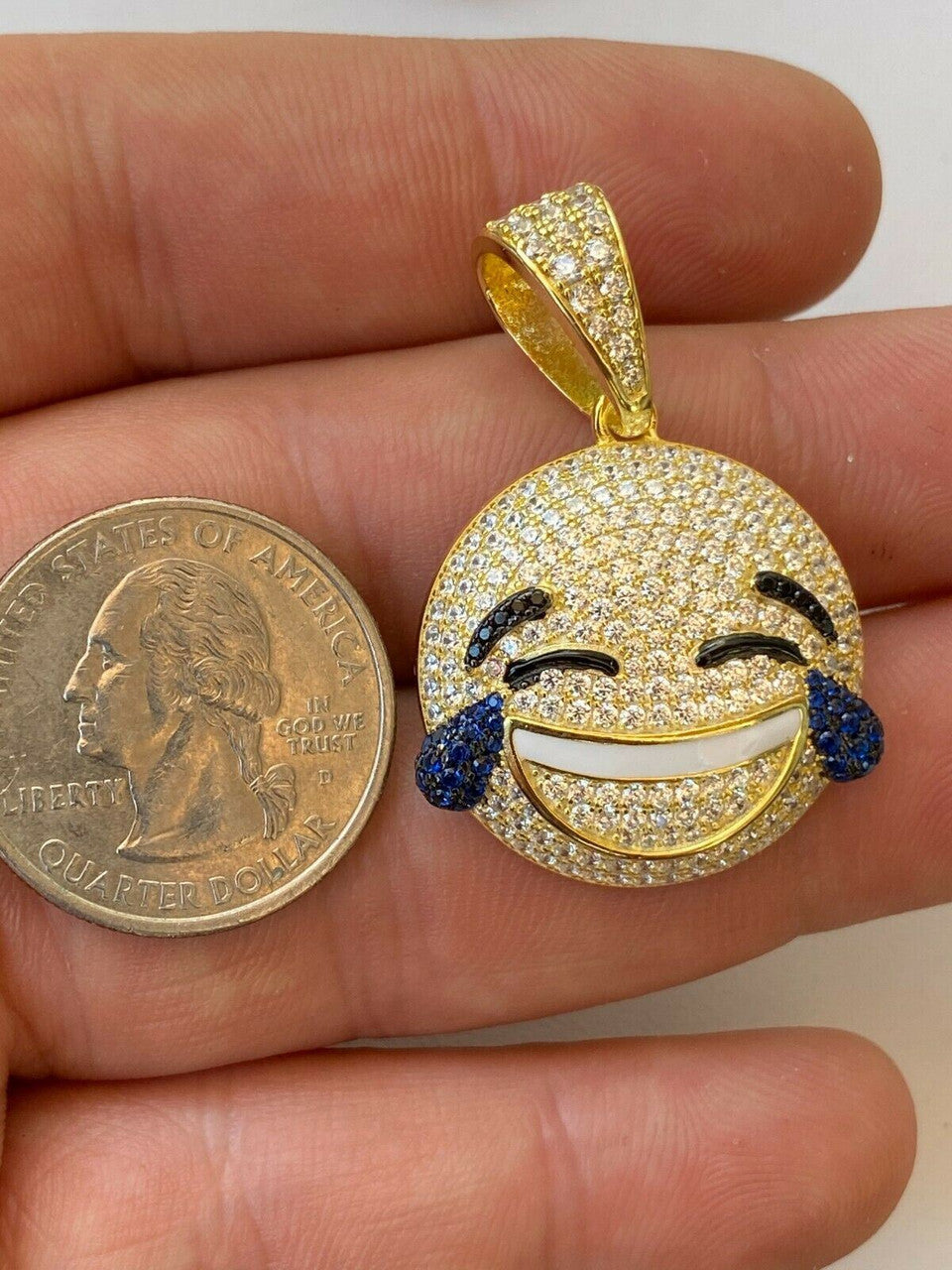 HarlemBling 925 Sterling Silver Hip Hop LOL Emoji Pendant Necklace Iced Smiley Laughing