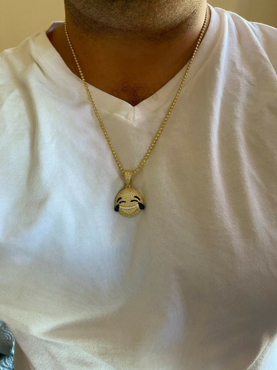 HarlemBling 925 Sterling Silver Hip Hop LOL Emoji Pendant Necklace Iced Smiley Laughing