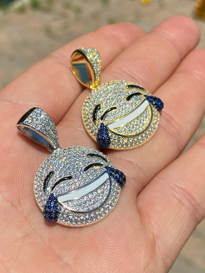 HarlemBling 925 Sterling Silver Hip Hop LOL Emoji Pendant Necklace Iced Smiley Laughing