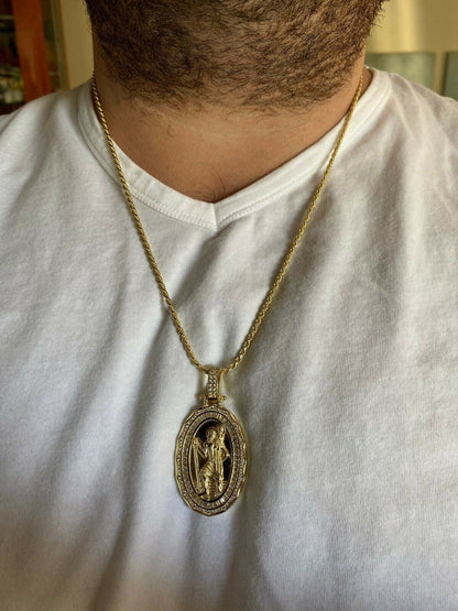HarlemBling 925 Sterling Silver St Christopher Necklace Pendant Iced Baguette Medallion Gold