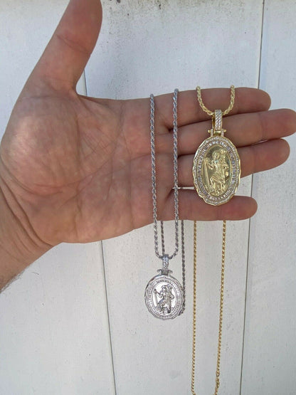 HarlemBling 925 Sterling Silver St Christopher Necklace Pendant Iced Baguette Medallion Gold