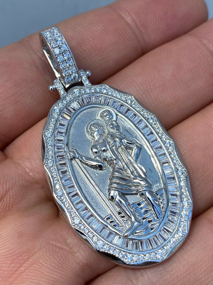 HarlemBling 925 Sterling Silver St Christopher Necklace Pendant Iced Baguette Medallion Gold