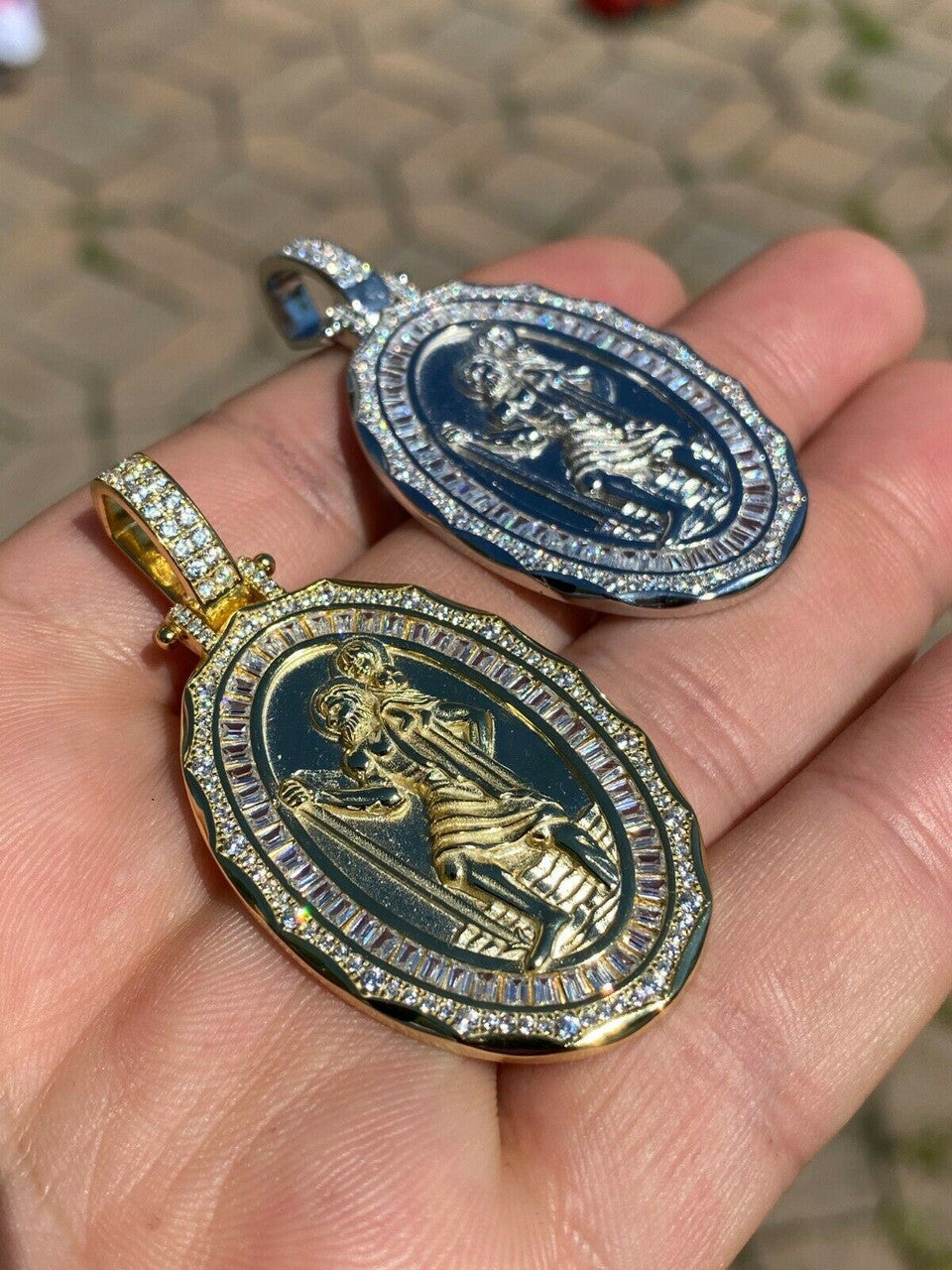 HarlemBling 925 Sterling Silver St Christopher Necklace Pendant Iced Baguette Medallion Gold