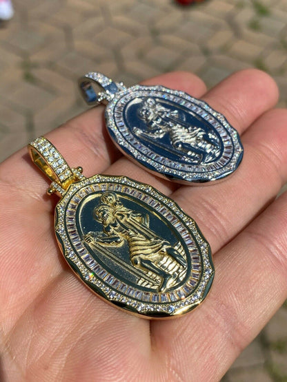 HarlemBling 925 Sterling Silver St Christopher Necklace Pendant Iced Baguette Medallion Gold