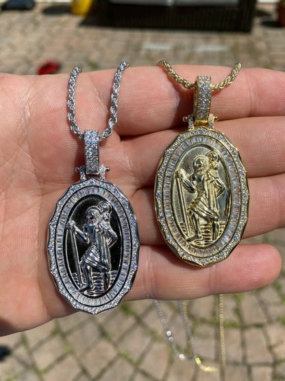 HarlemBling 925 Sterling Silver St Christopher Necklace Pendant Iced Baguette Medallion Gold