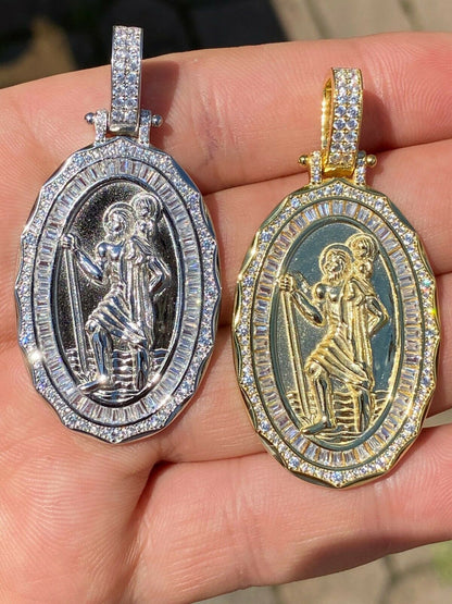 HarlemBling 925 Sterling Silver St Christopher Necklace Pendant Iced Baguette Medallion Gold