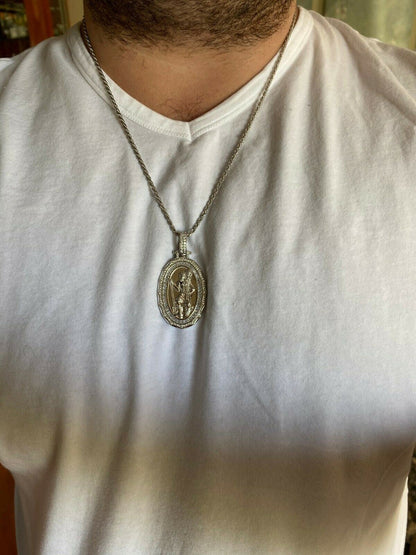 HarlemBling 925 Sterling Silver St Christopher Necklace Pendant Iced Baguette Medallion Gold