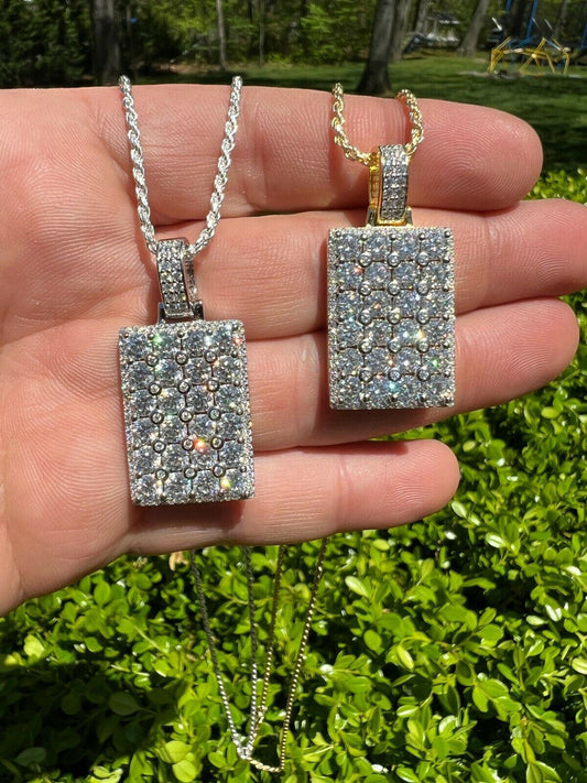 HarlemBling 9ct Iced MOISSANITE Menss Hip Hop Dog Tag Pendant Necklace Pass Diamond Tester