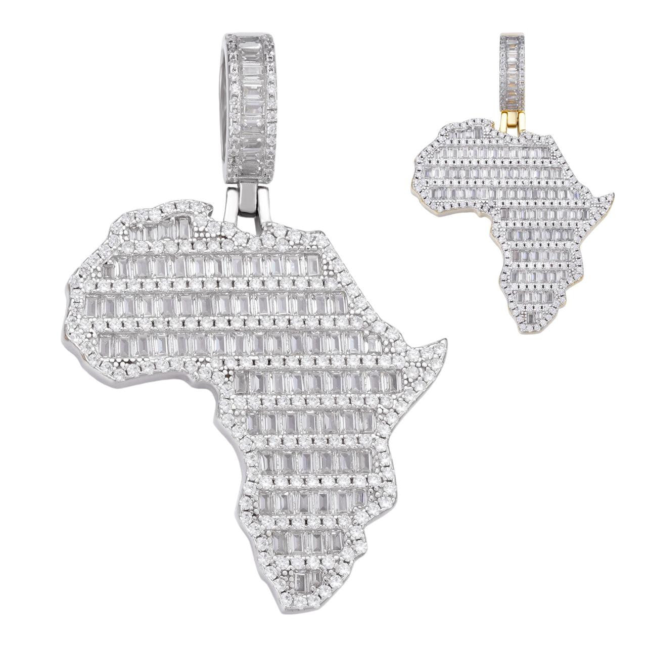 HarlemBling Africa Map Shape Iced Baguette Pendant - 14k Gold Vermeil Or 925 Silver - CZ Stones - Medium 2"