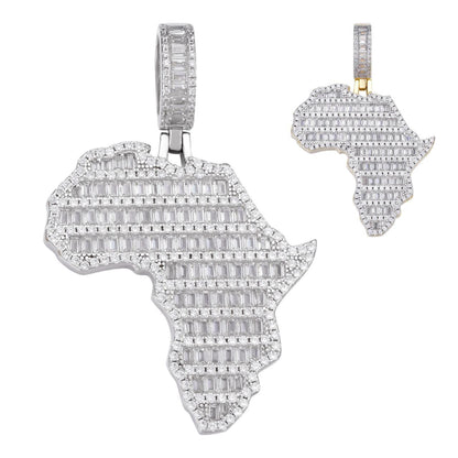 HarlemBling Africa Map Shape Iced Baguette Pendant - 14k Gold Vermeil Or 925 Silver - CZ Stones - Medium 2"