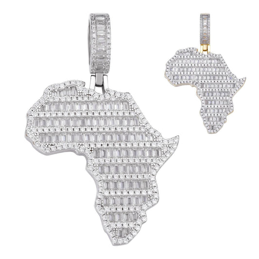 HarlemBling Africa Map Shape Iced Baguette Pendant - 14k Gold Vermeil Or 925 Silver - CZ Stones - Medium 2"