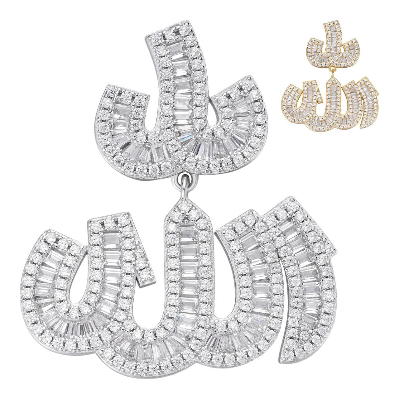 HarlemBling Allah Arabic Iced Diamond Baguette Pendant - 14k Gold Vermeil Or 925 Silver - CZ Stones - Medium 1.75"