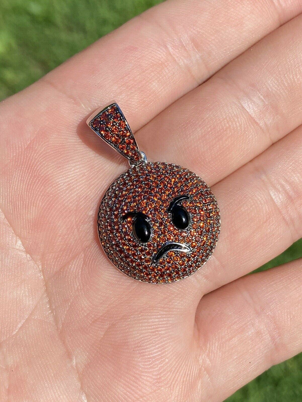 HarlemBling Angry Red Face Emoji Pendant Solid 925 Silver ICY Hip Hop Iced Diamond 1