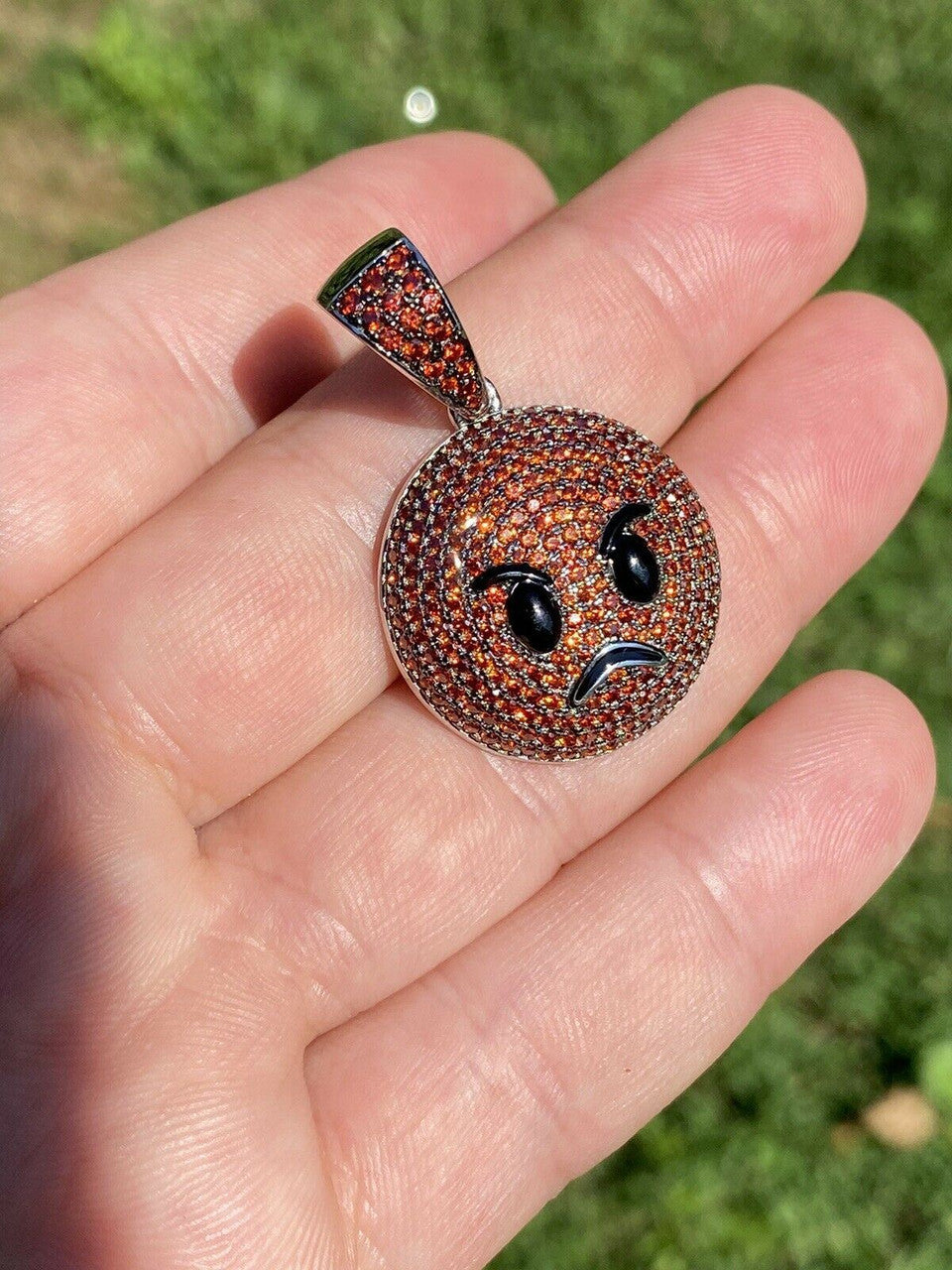 HarlemBling Angry Red Face Emoji Pendant Solid 925 Silver ICY Hip Hop Iced Diamond 1
