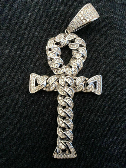 HarlemBling Ankh Cuban Link Cross 14k Gold Solid 925 Sterling Silver Pendant 1ct Man Diamond