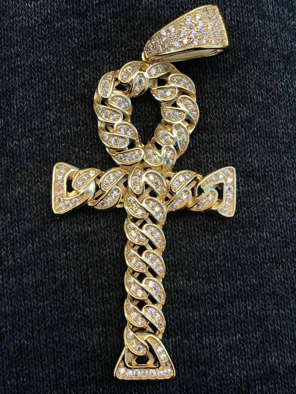 HarlemBling Ankh Cuban Link Cross 14k Gold Solid 925 Sterling Silver Pendant 1ct Man Diamond
