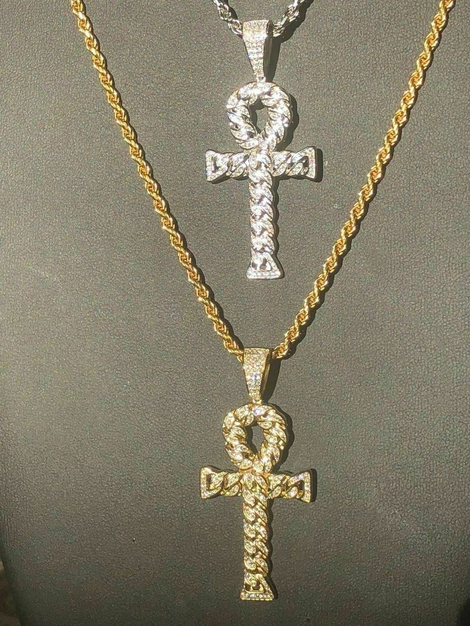 HarlemBling Ankh Cuban Link Cross 14k Gold Solid 925 Sterling Silver Pendant 1ct Man Diamond