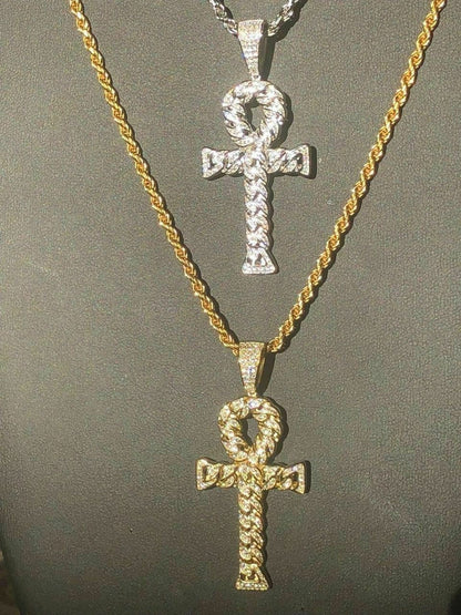 HarlemBling Ankh Cuban Link Cross 14k Gold Solid 925 Sterling Silver Pendant 1ct Man Diamond