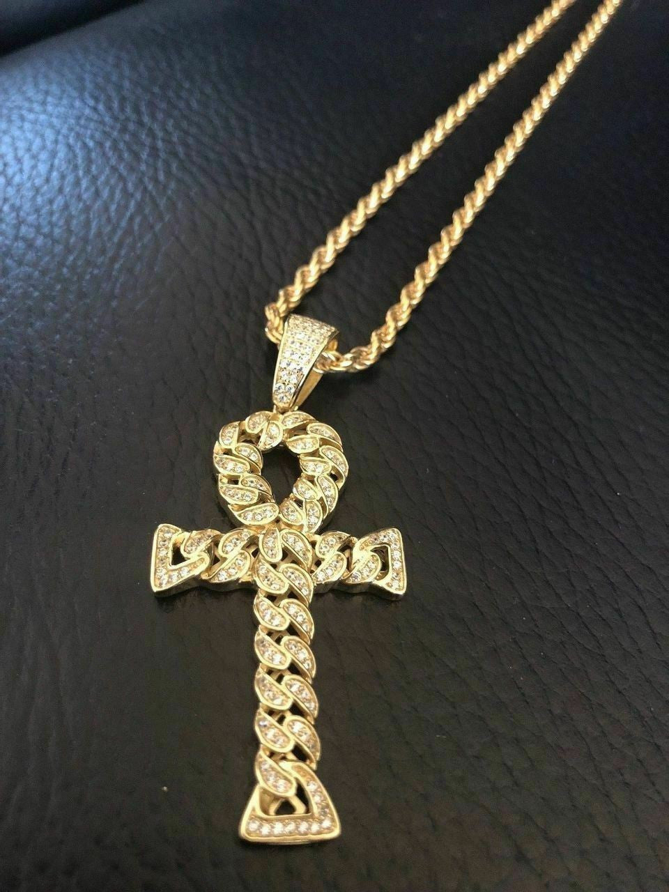HarlemBling Ankh Cuban Link Cross 14k Gold Solid 925 Sterling Silver Pendant 1ct Man Diamond